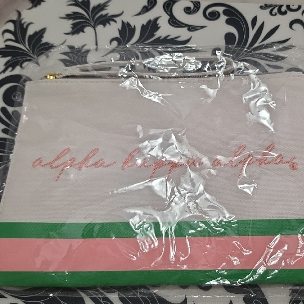 Striped Canvas Zip Pouch with Script Logo